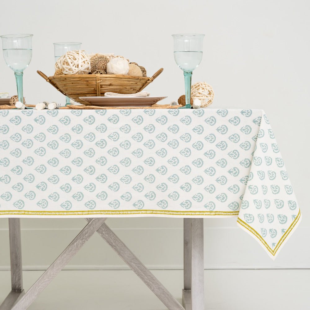 Pomegranate | India Hicks Home Seashell Seafoam Tablecloth 90 Round in. | Tablecloths Available in Long, Extra Long, Square and Round Sizes. | 100%