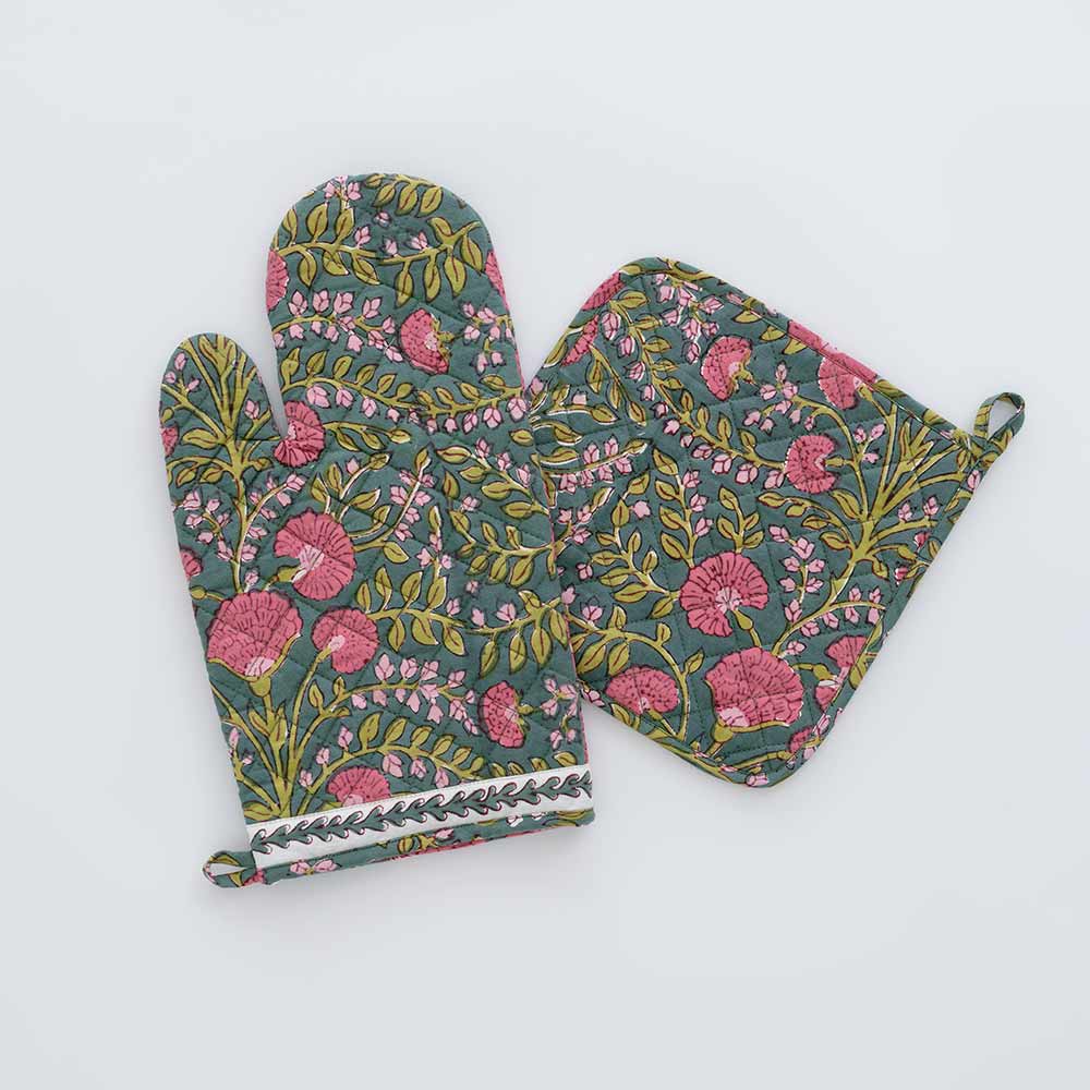 Vintage 1960's 70's Oven Mitts Pot Holder Red Yellow Floral Hippie Mod