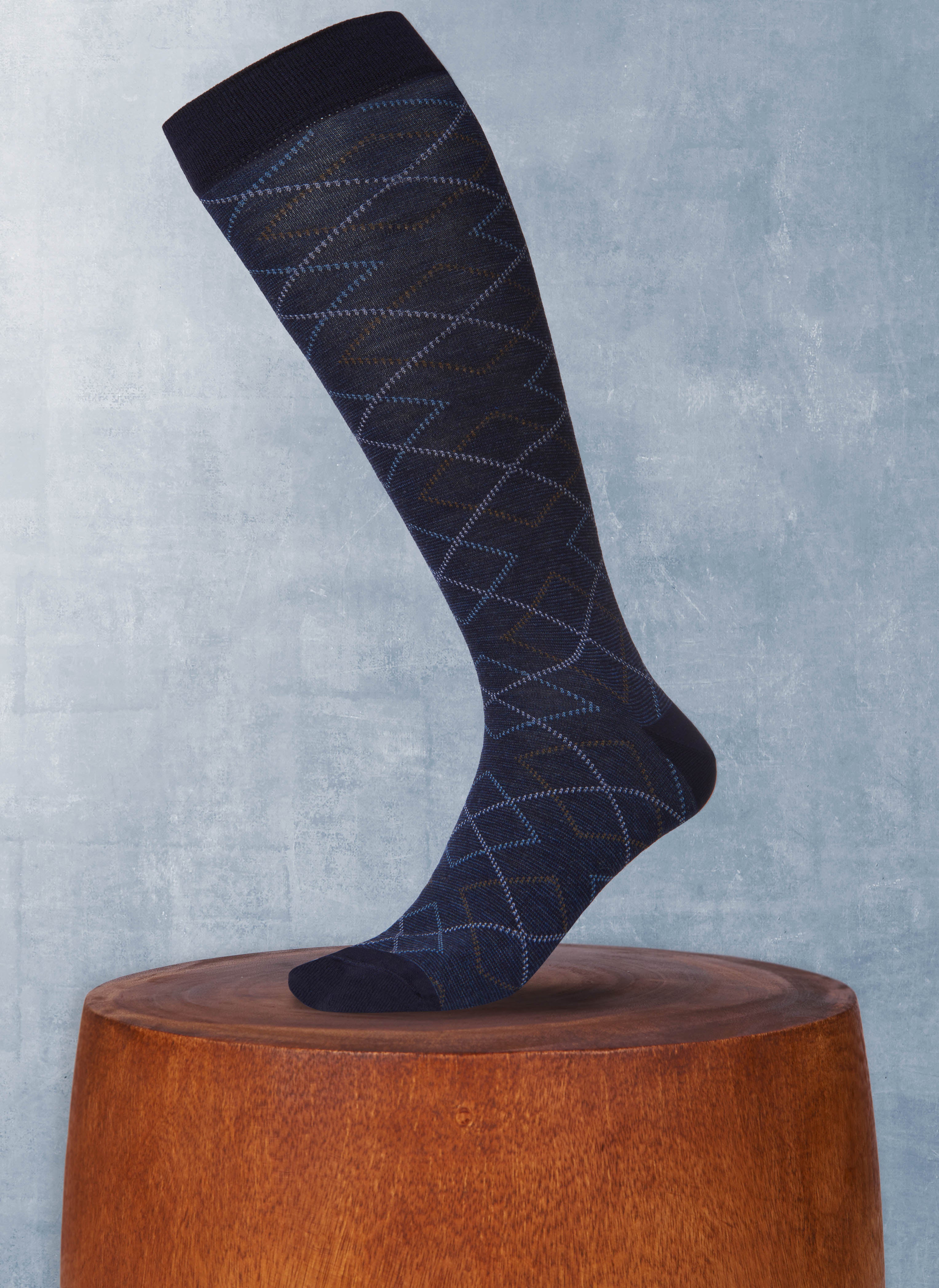Merino Wool Diamond Mille Righe Over The Calf Sock in Navy