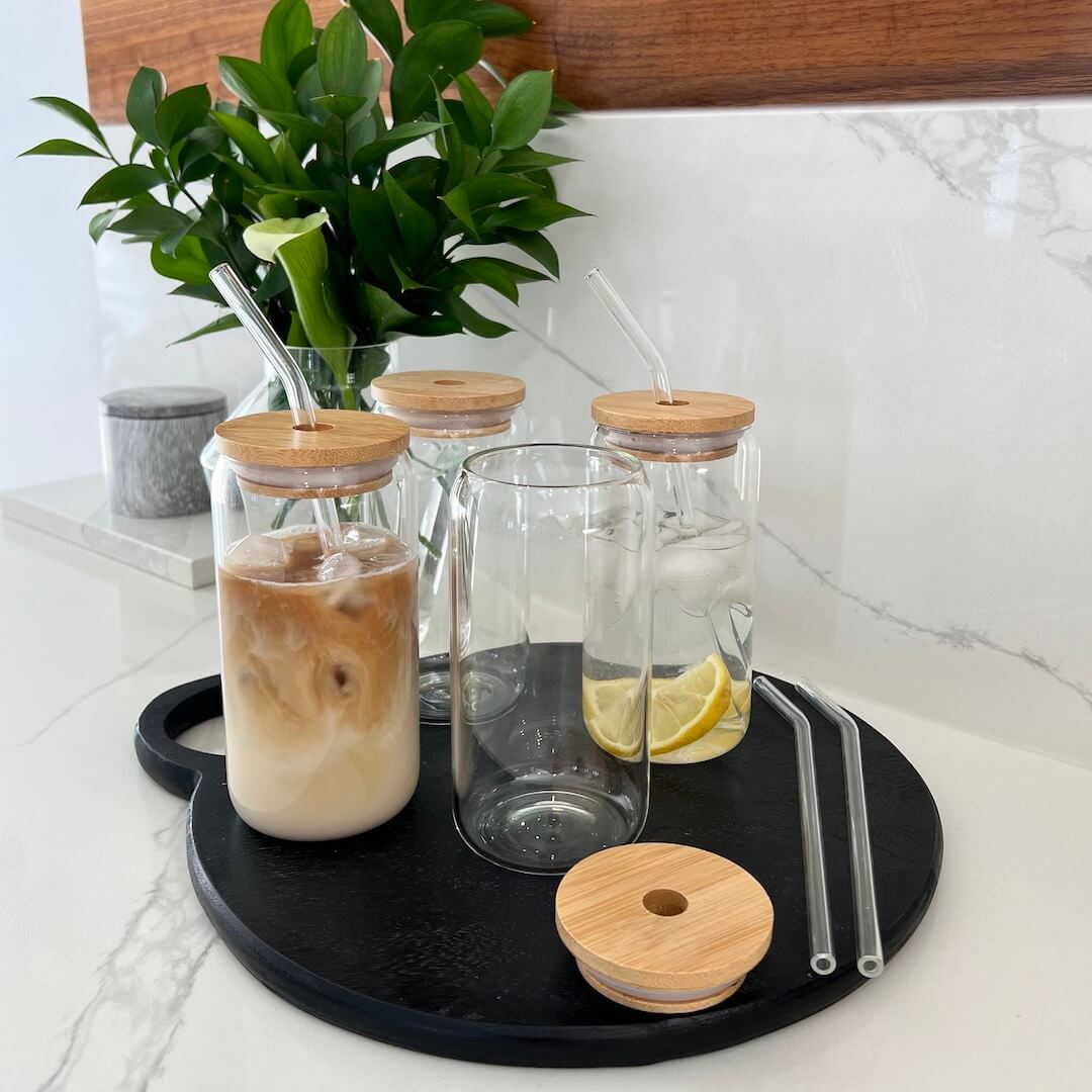 Glass Cups with Bamboo Lids and Straws 4pcs Set, Iced Coffee Cups