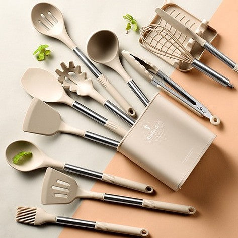 beige kitchen utensils set