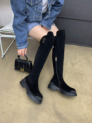 High quality cow leather platform thigh high boots round toe casual winter shoes Chunkt flats