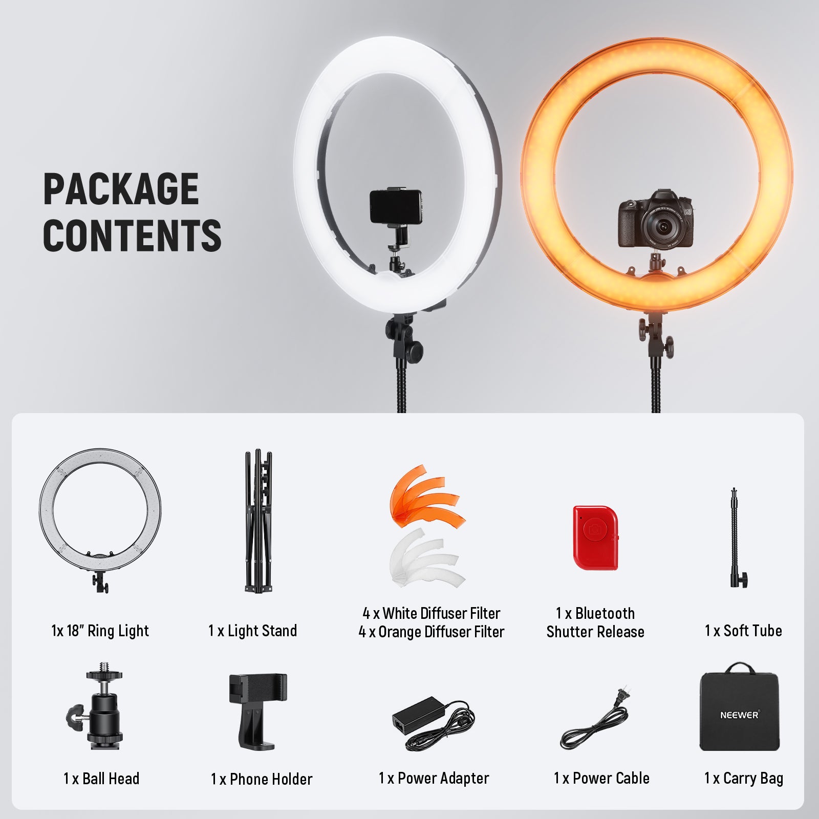 Neewer 20-inch LED Ring Light Kit: (1)44W Dimmable Bi-color Circle Light  (1)2M Pro Light Stand(1)Ball Head(1)Phone Holder(2)Li-ion Battery(1)USB  Charger for Portrait Photography Video Make-up Selfie 