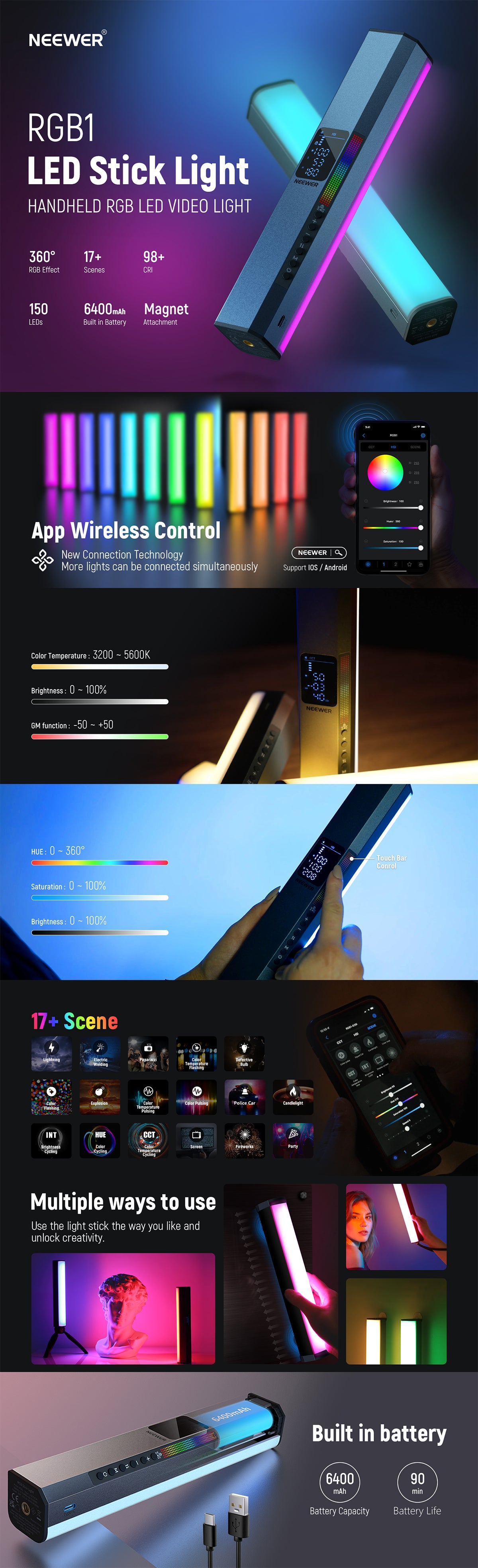NEEWER RGB LED Video Light Stick, Touch Bar&APP Control, Magnetic Handheld  Photography Lighting Wand, Dimmable 3200K~5600K CRI98+ Full Color LED Light