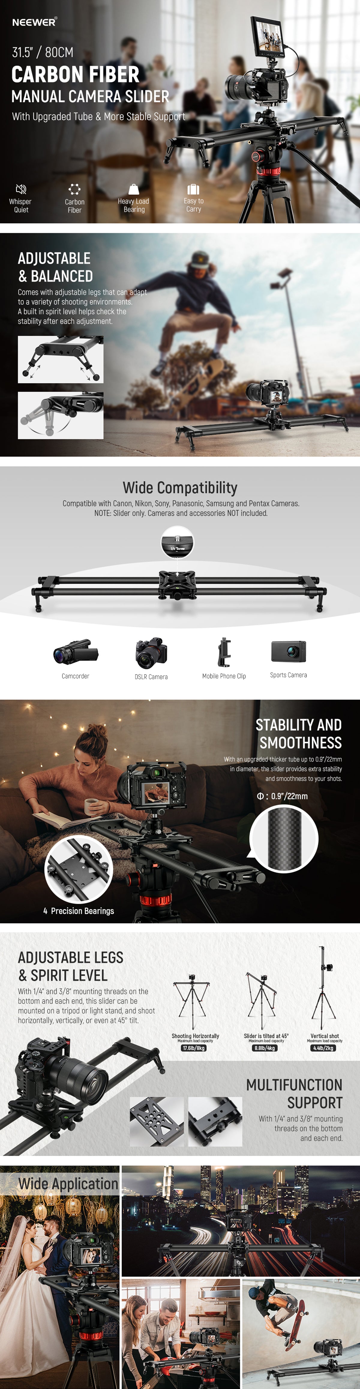 NEEWER CS80CM 31.5in/80cm Carbon Fiber Camera Slider - NEEWER