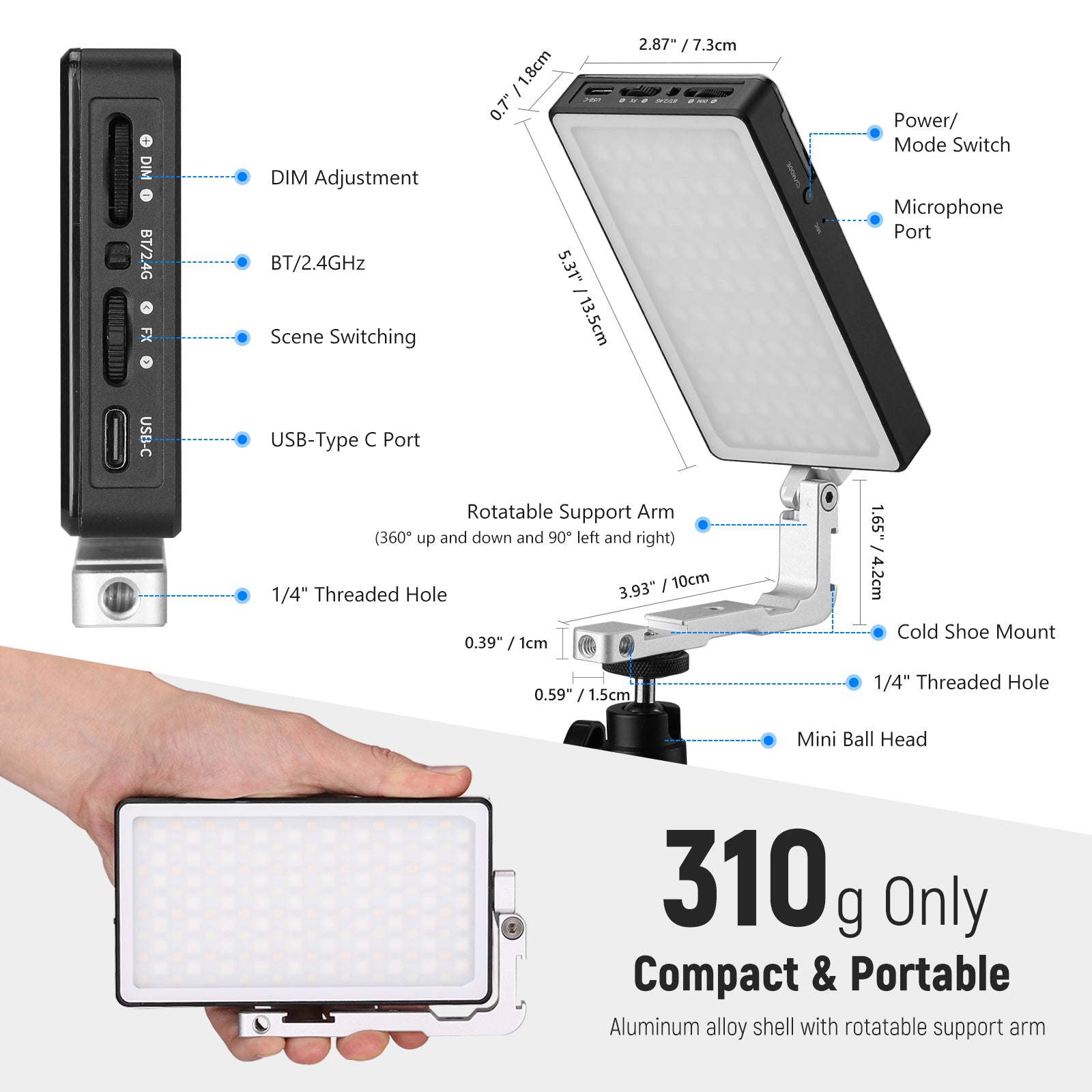 Neewer Kit de iluminación de luz de video de 176 LED: panel regulable de  176 LED, con batería de iones de litio de 2200 mAh, cargador de batería USB  y