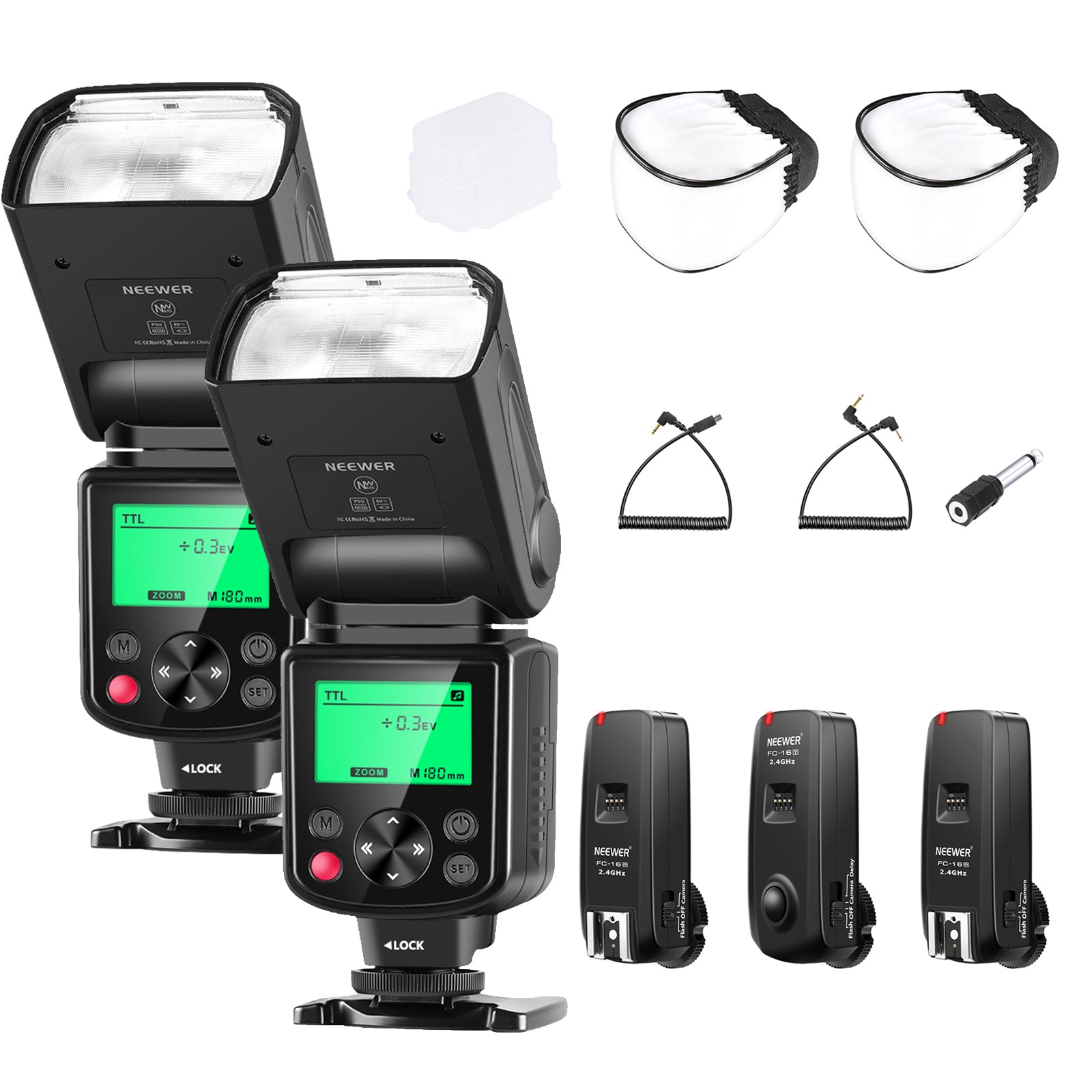 NEEWER 2 Pack NW635 TTL Flash Speedlight Kit with 2.4G Trigger and Diffuser