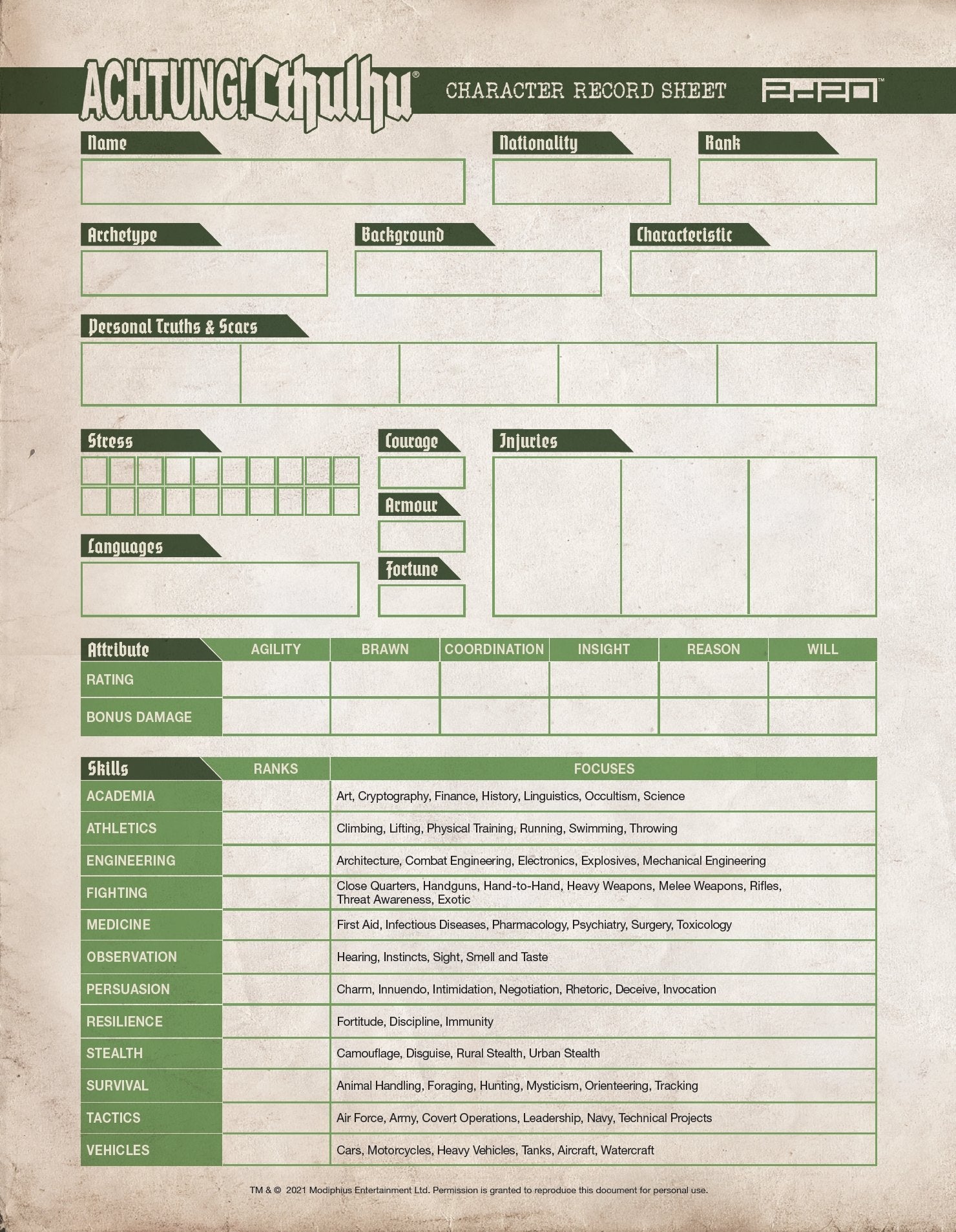 online call of cthulhu character sheet