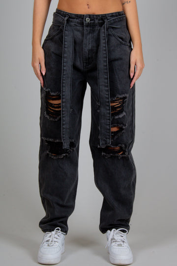 High rise belted mom jean with distressing in washed black – LIQUOR N POKER