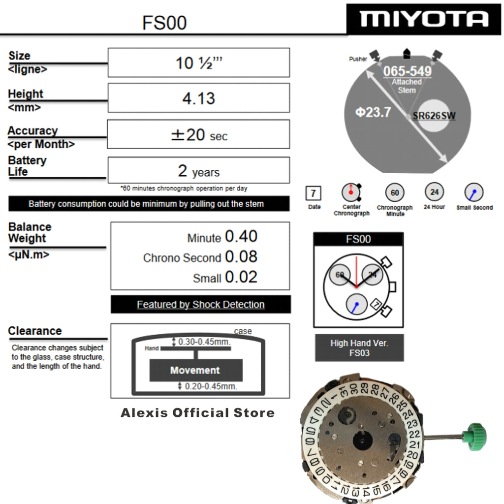 come4buy.com Miyota FS00 3 Eyes Chronograph Japan Made Quartz Movement Slanted Push Button