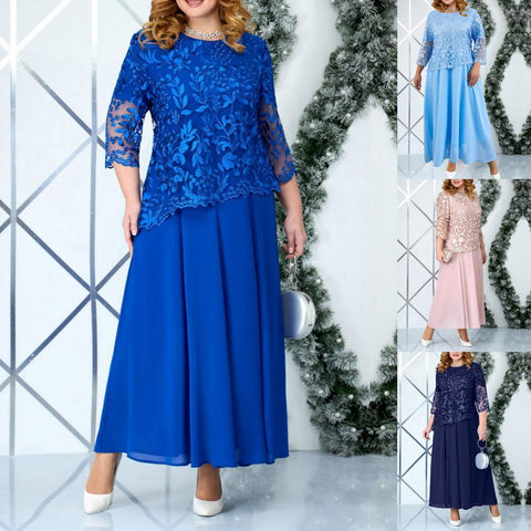 Elegant Plus Size Maxi Dress with Flower Embroidery Lace Detail