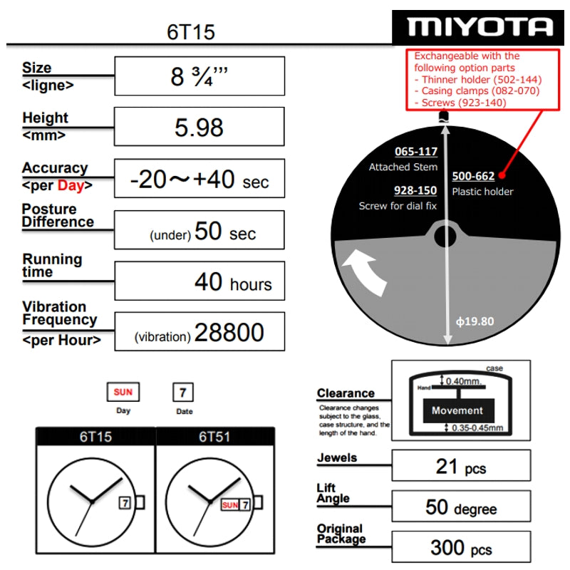 come4buy.com MIYOTA 6T15 Mechanical Movement Date Display At 3:00 & 6:00