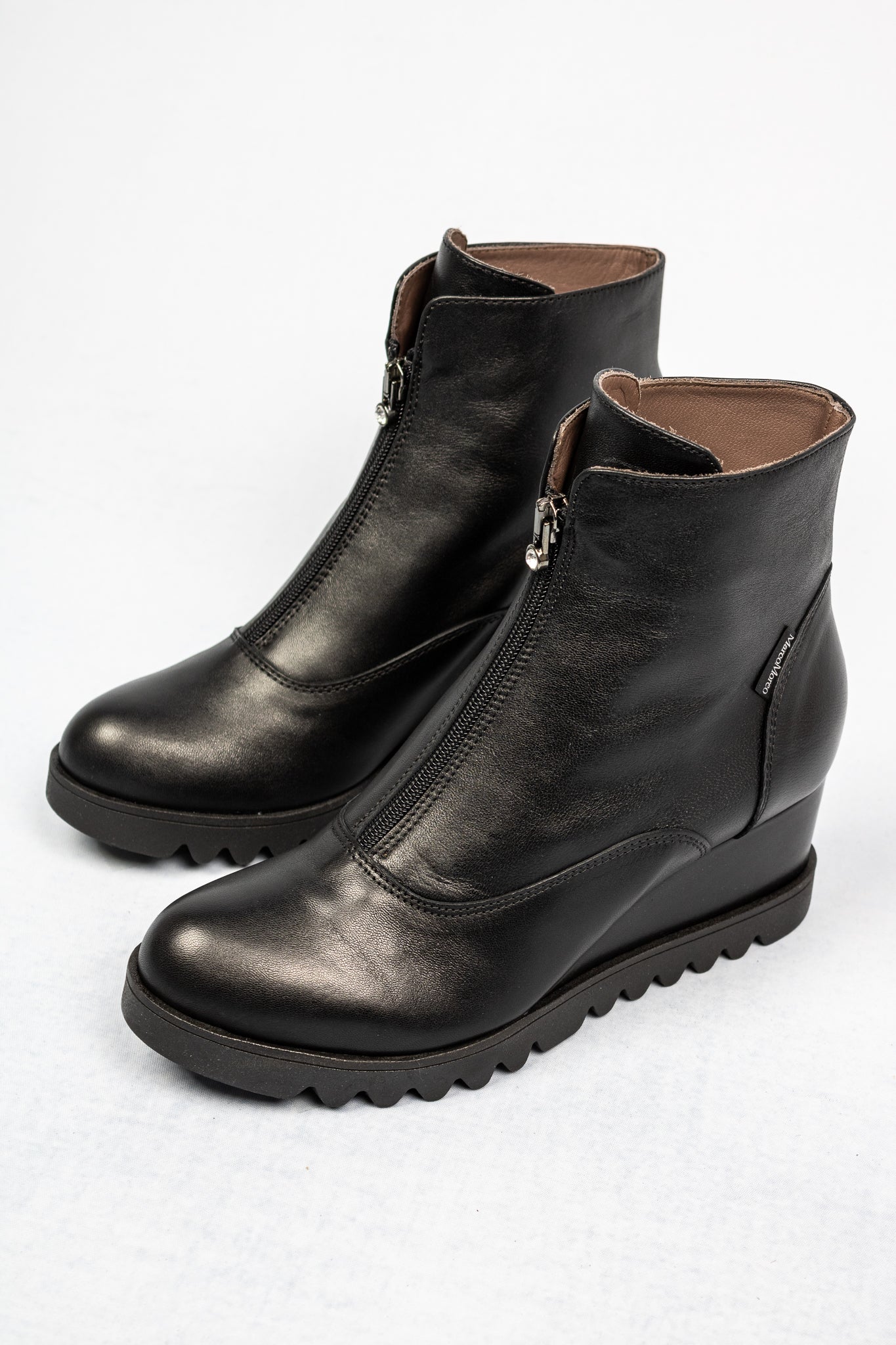 Black Leather Wedge Heel Ankle Boots 