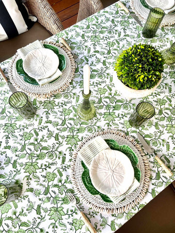 Green monochrome Chintz Tablecloth, Wood Block Printed in India