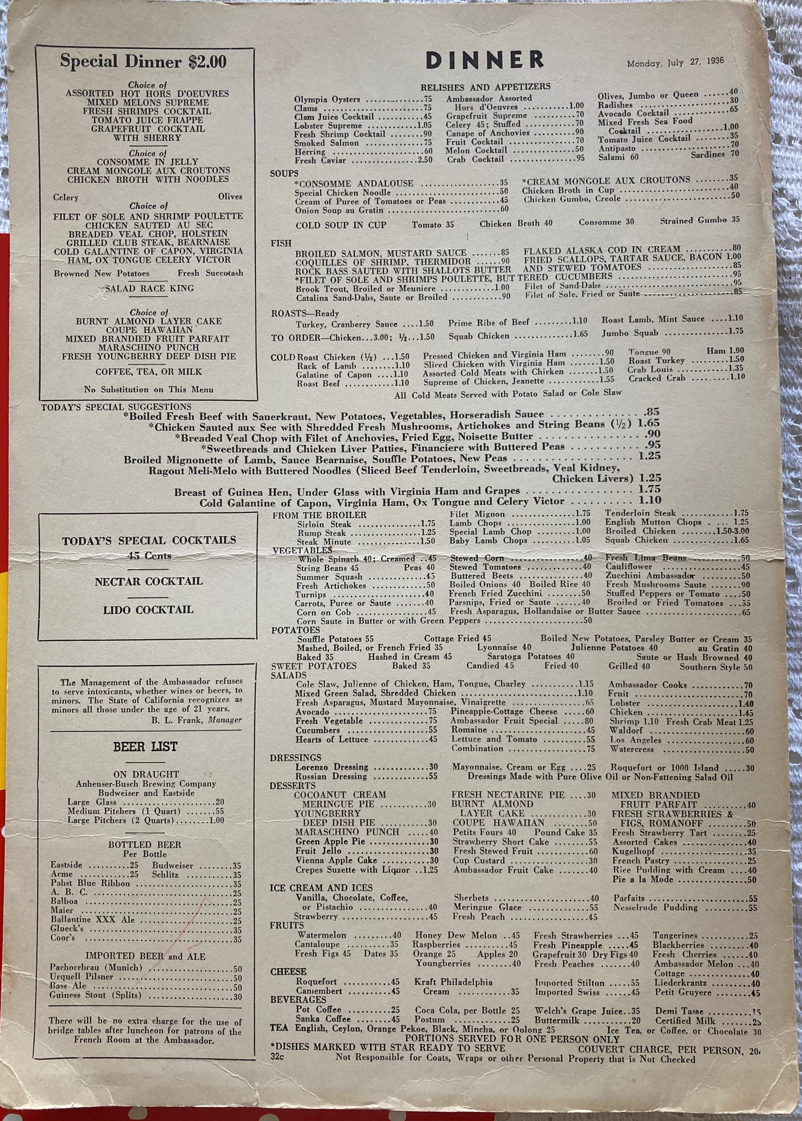 (Dinner Menu) Cocoanut Grove, Ambassador Hotel. LA: Monday, July 27, 1936.