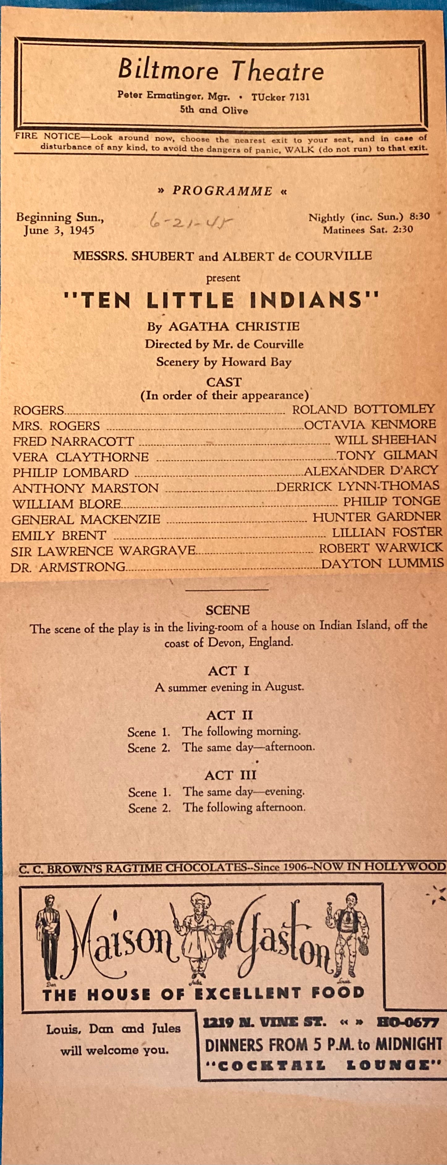 (Agatha Christie) Biltmore Theatre, Los Angeles. "Ten Little Indians." June 21, 1945.