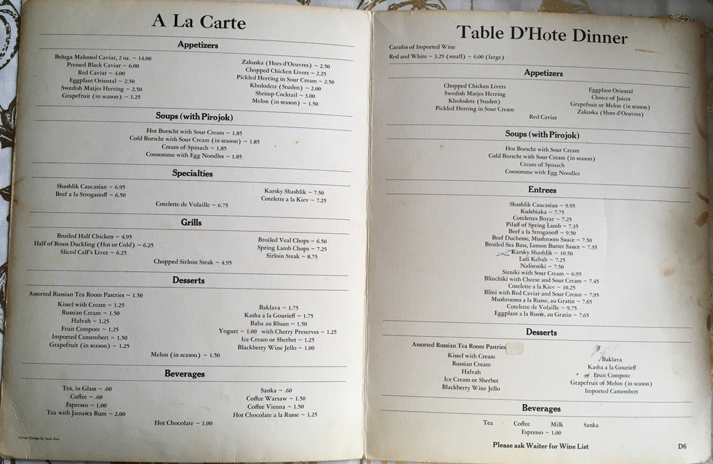 Menu Russian Tea Room Nyc Ca Early 1970 S The