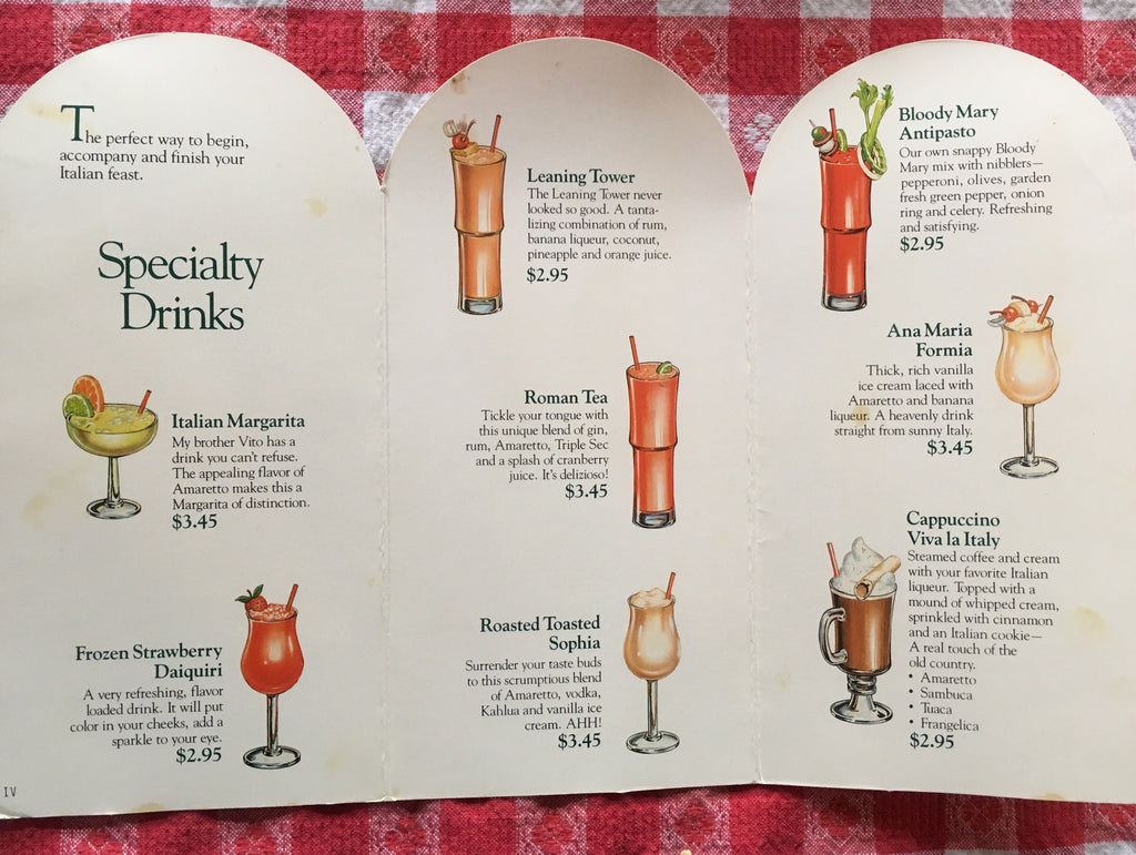 Cocktail Menu Tastes Of Italy The Olive Garden 1987 The