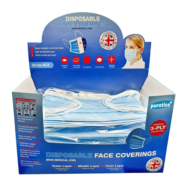 Puratise Disposable 3 Ply Face Masks- 50 Per Box- Made in the UK 0