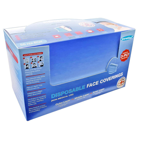 Puratise Disposable 3 Ply Face Masks- 50 Per Box- Made in the UK 2