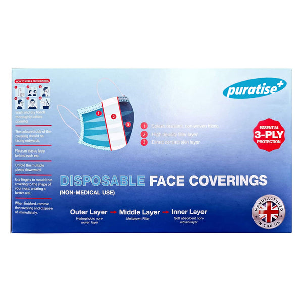 Puratise Disposable 3 Ply Face Masks- 50 Per Box- Made in the UK 3