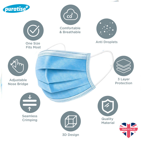 Puratise Disposable 3 Ply Face Masks- 50 Per Box- Made in the UK 10