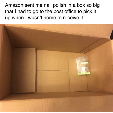 Reddit post of an Amazon shipment of nail polish in a giant box.