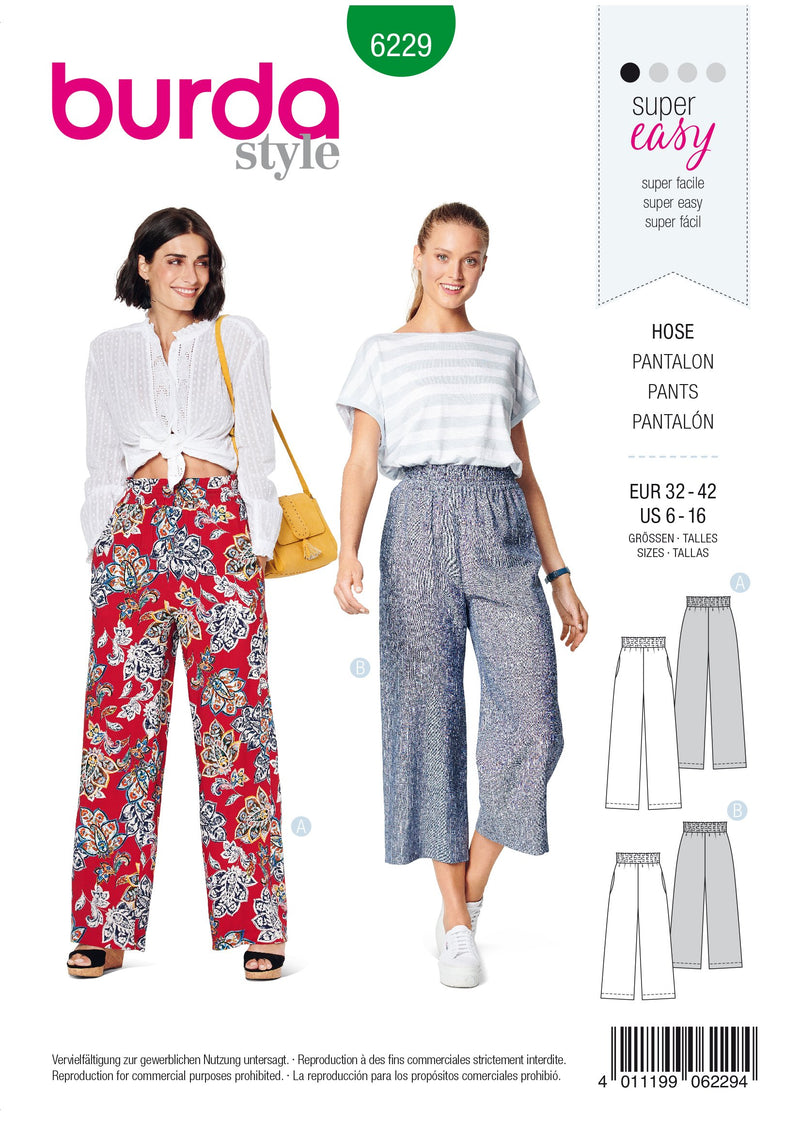 Burda Pattern 6229 Trousers/Pants with Elastic Waist with Pockets in S ...