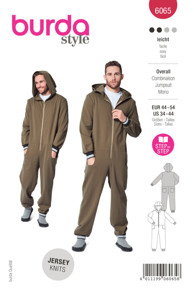 BUR6397, Burda Style Sewing Pattern Unisex Hooded Jumpsuits