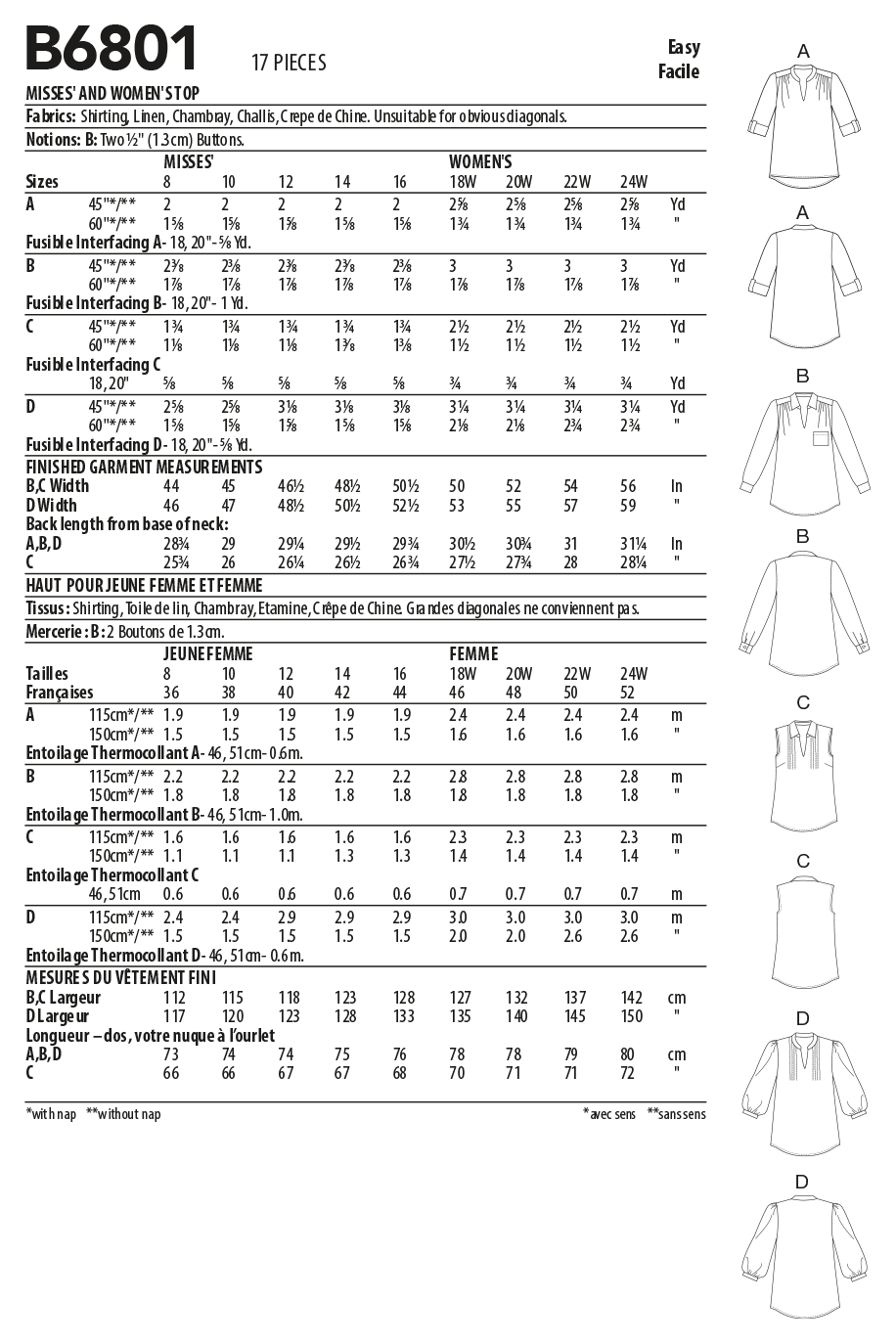 Butterick 6801 Misses' and Women's Tops Pattern — jaycotts.co.uk ...