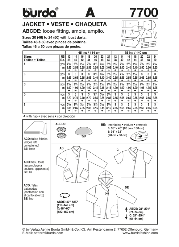 Burda Pattern: BD7700 Jacket | Very Easy — jaycotts.co.uk - Sewing Supplies