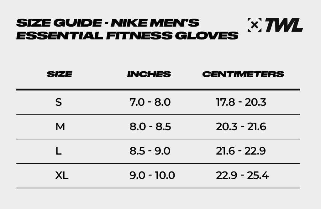 nike fitness gloves size chart
