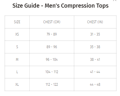 Size Guide - Men's Compression Tops