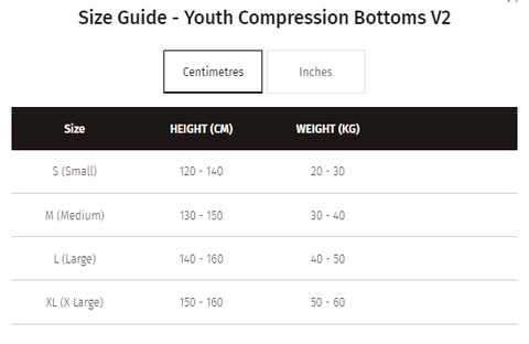 Size Guide - Youth Compression Bottoms V2