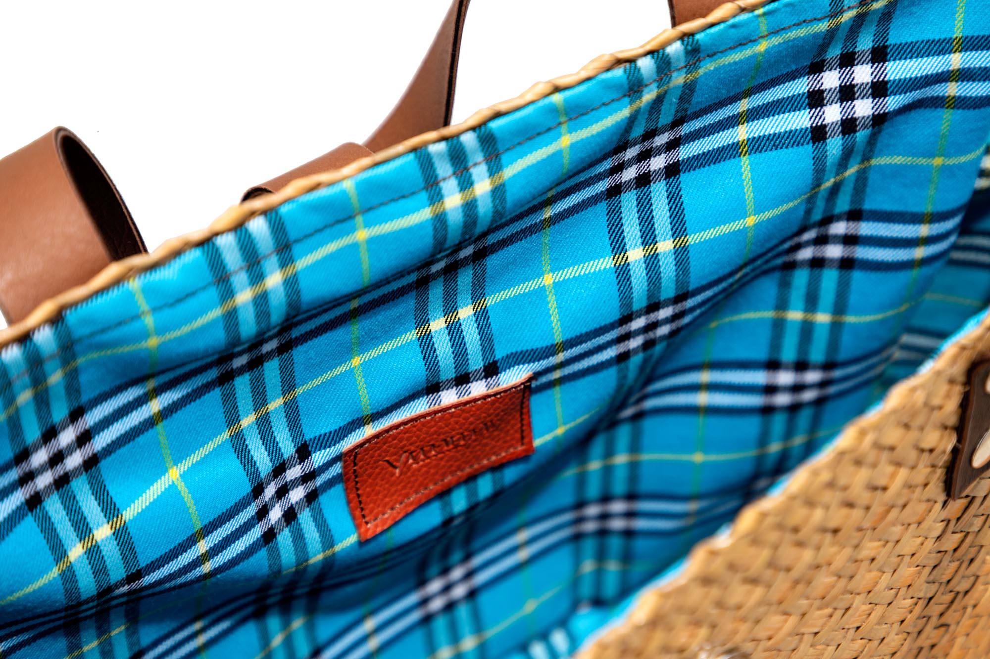 Chequered fabric interior lining for krajood handbag