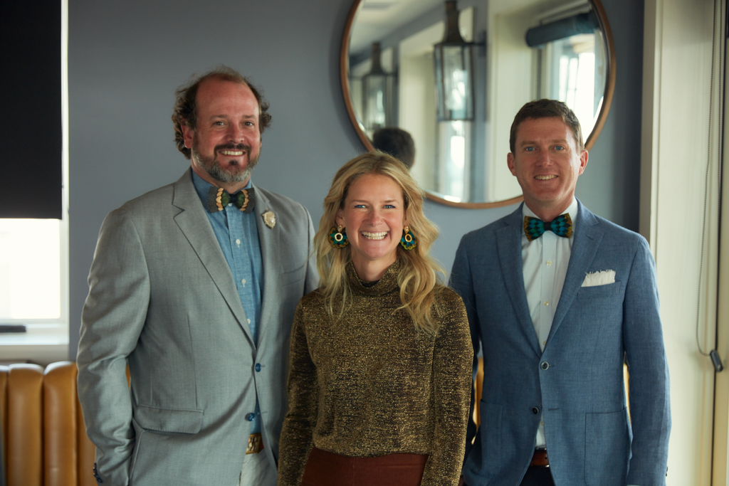 Picture of Brackish co-founder's Ben and Jeff and Mignonne Gavigan founder, Maggie wearing pieces from their collaborative collection.