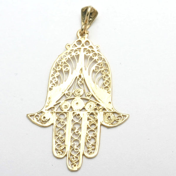 14k Yellow gold Hamsa Pendant Hand of G-d Filigree Yemenite Large ...