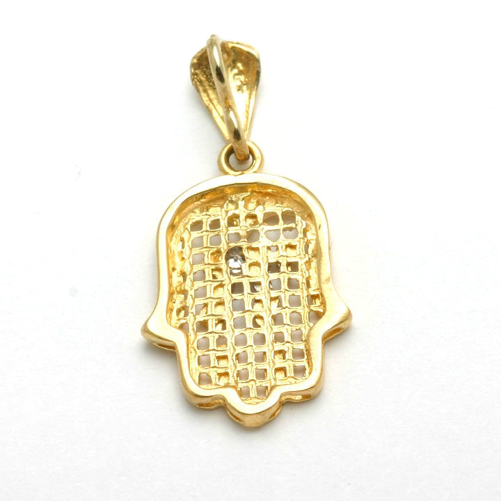 14k Yellow gold Hamsa Pendant Chai Diamond - JewelryJudaica