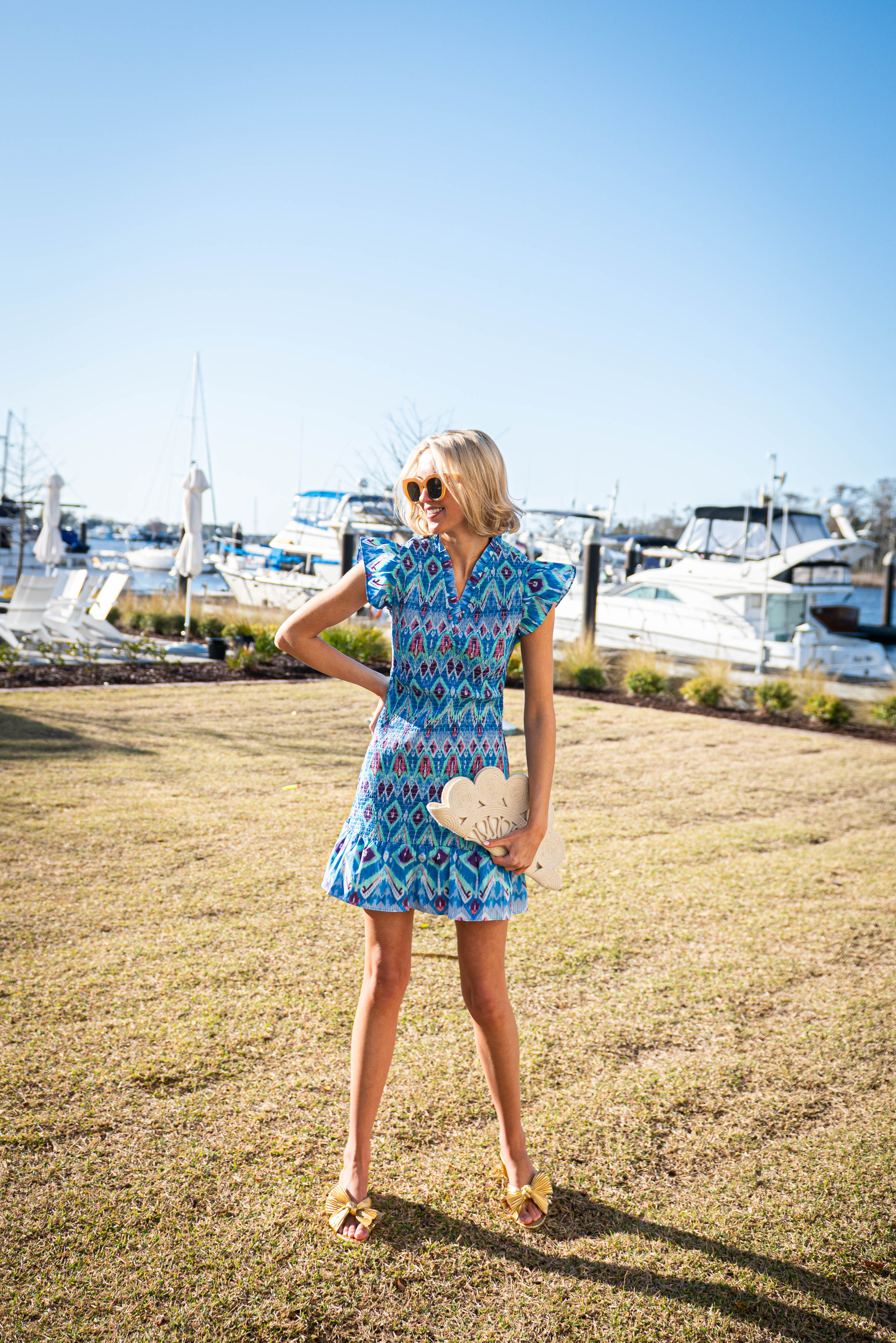 Aztec Ikat Flutter Sleeve Smocked Dress