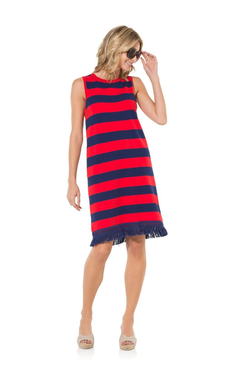 Flattered in Fringe Red/Navy Sleeveless Sweater Dress