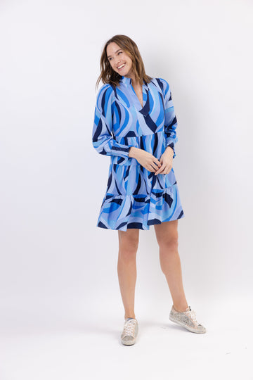 Sail to Sable Long Sleeve Flare Tunic Dress - Blue Vines