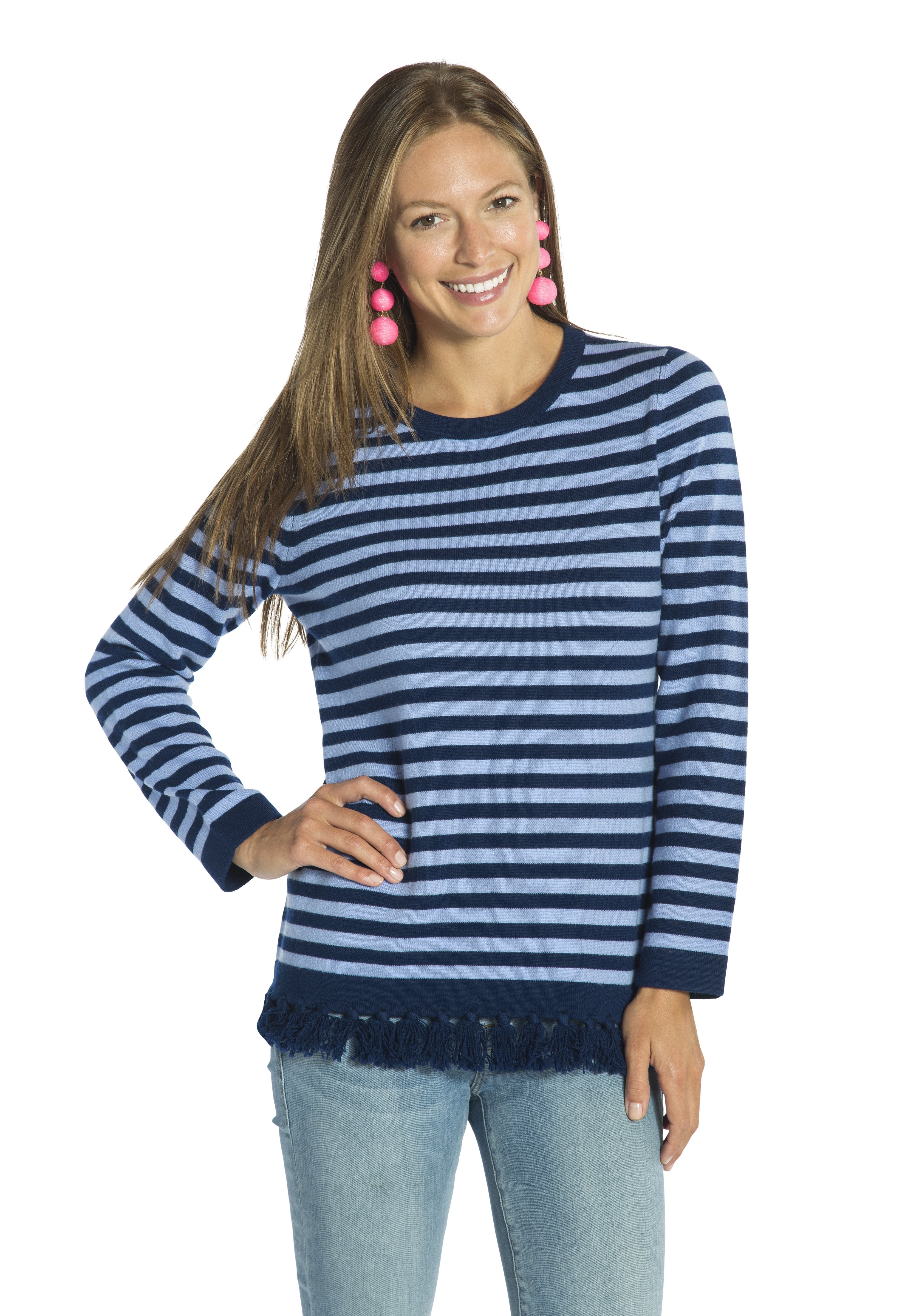 Cashmere Stripe Tassel Sweater Navy