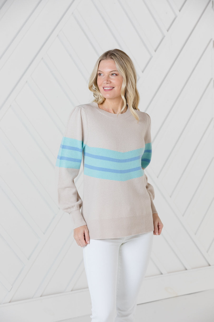 Camel Puff Sleeve Stripe Sweater