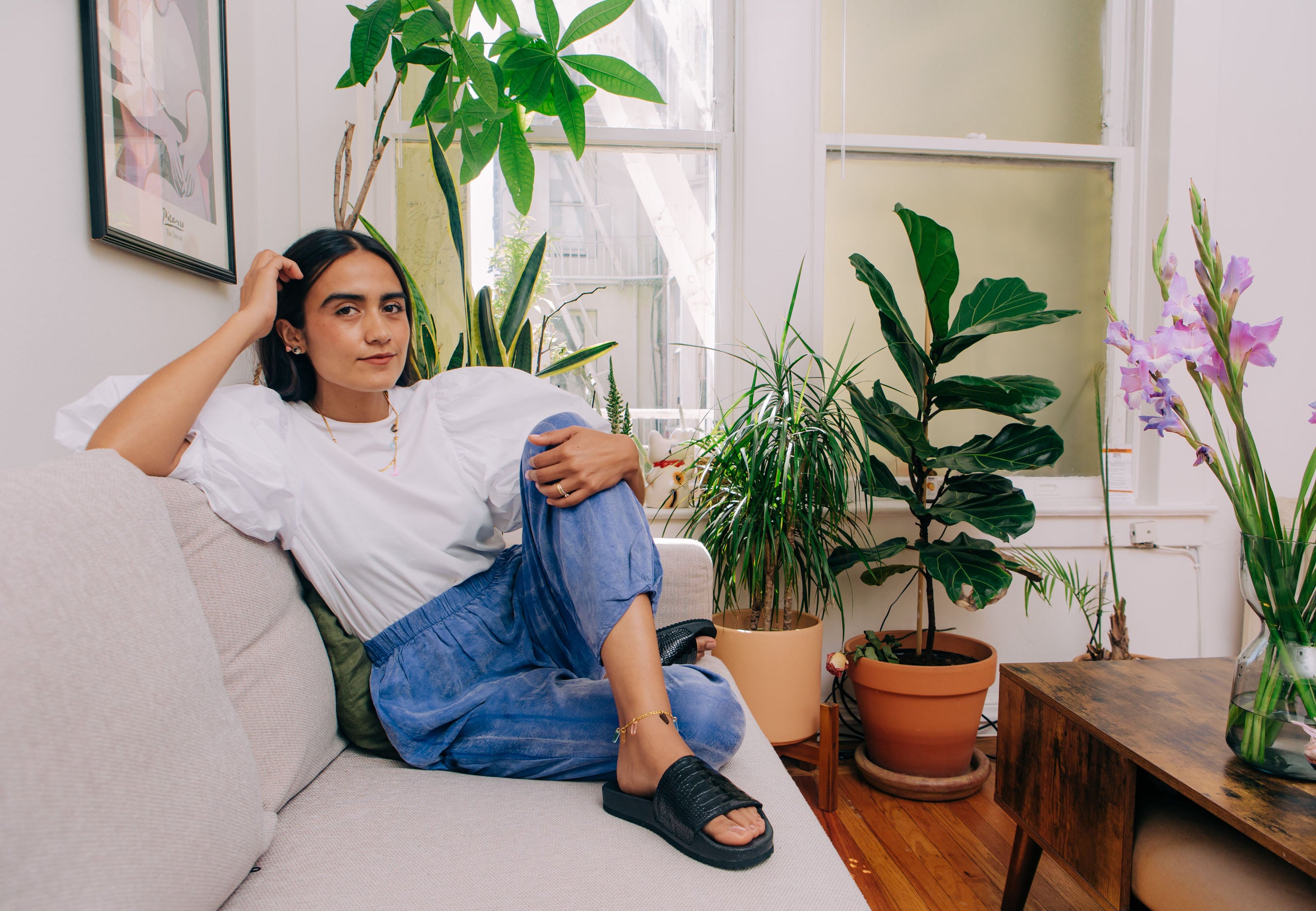 Laura at her home in San Francisco wearing the LEA and ANKLET bundle 