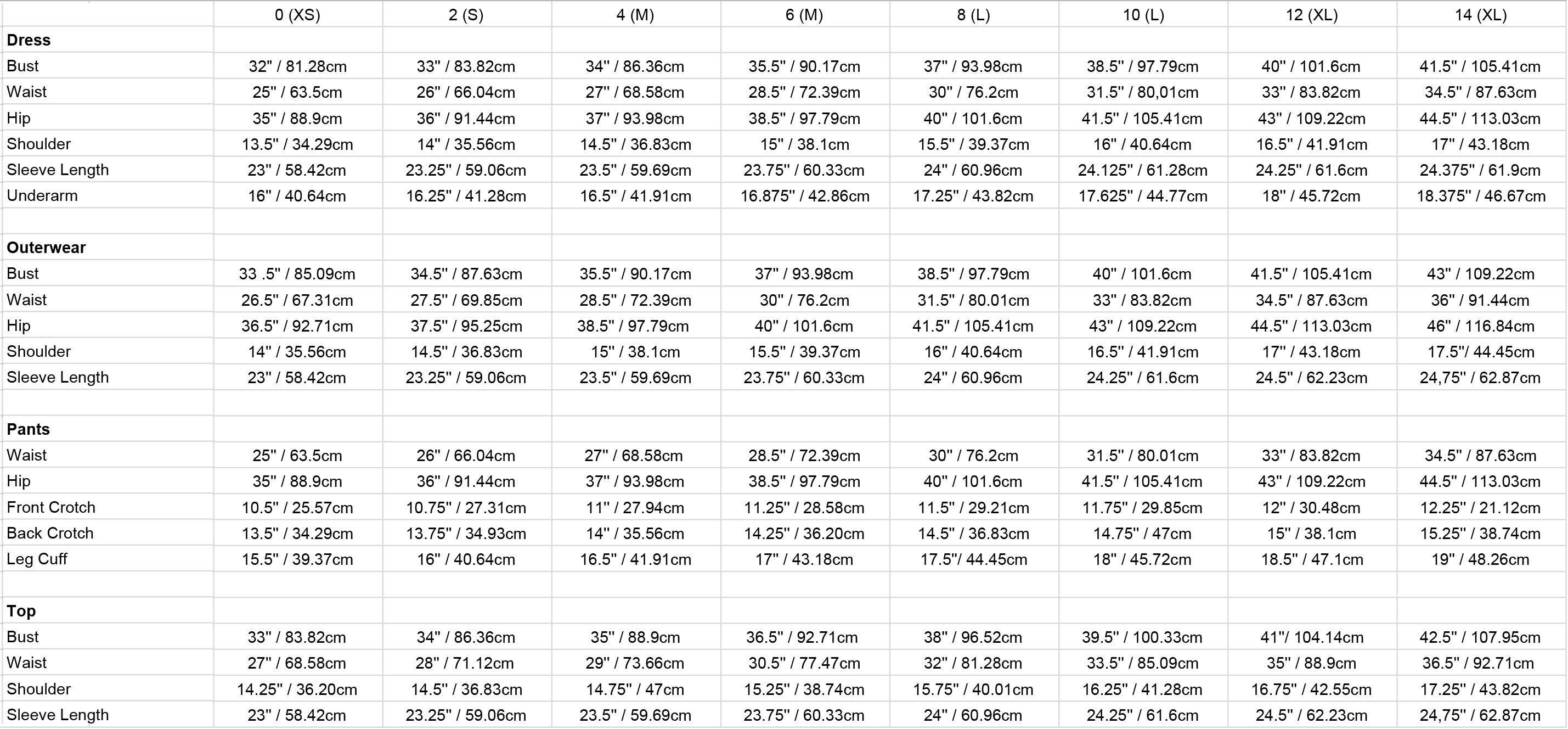 Venus Dress Size Chart