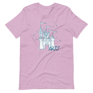 Purple shirt printed with vintage style sketch of the Disneyland Castle, the year 1955, and pixie dust above the castle.
