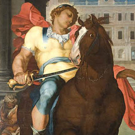 Image of St Martin cleaving his cloak with curved sword