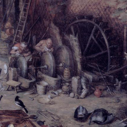 Polishers working at water powered wheels in a rustic shop by Brueghel