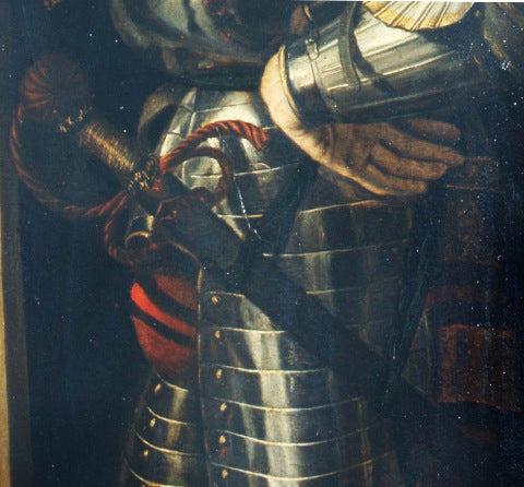 Early rapier shown worn by Francesco d'Este as St George in a painting by Dosso Dossi 1520-1530