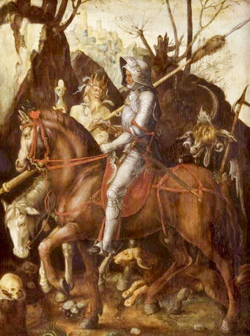 A depiction of Dürers Knight, Death and the Devil painted after his etching.